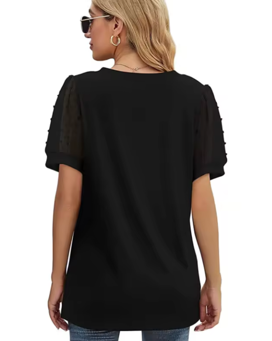 V-Neck Puff Sleeve Mesh Blouse