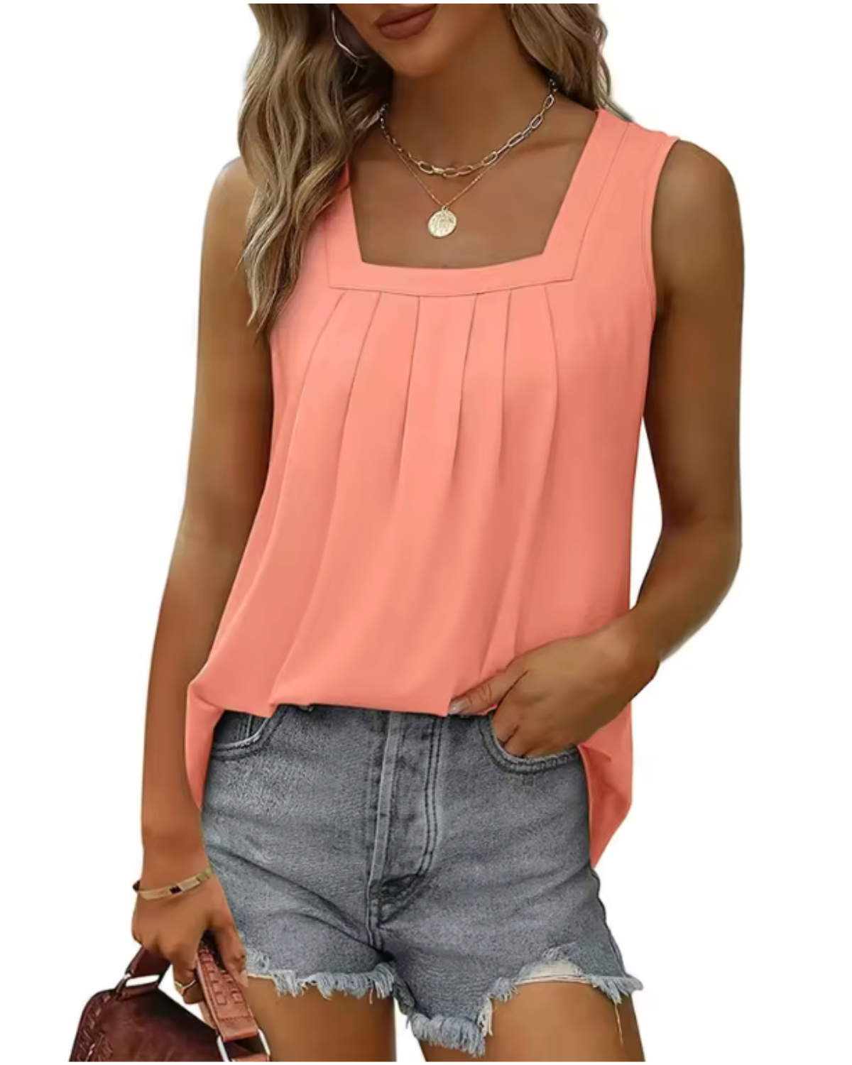 Pleated Square Neck Sleeveless Top
