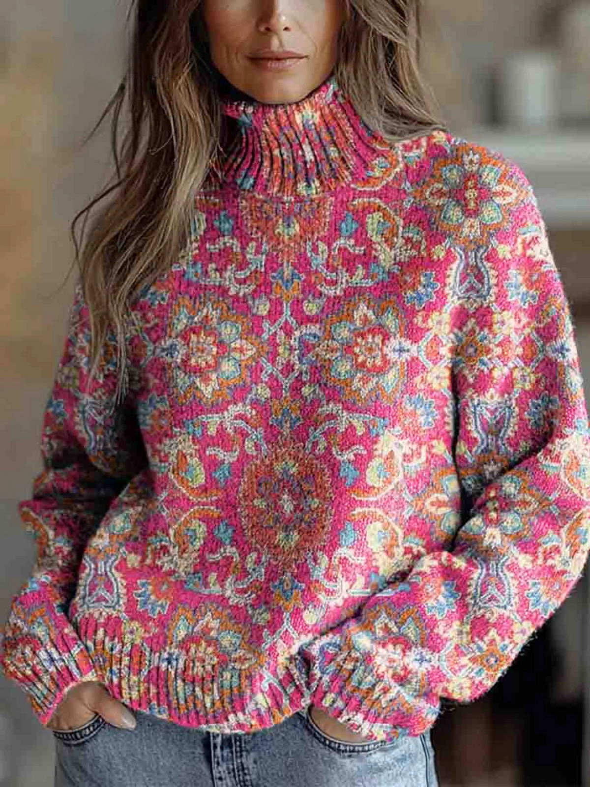 Sophie | Retro Ethnic Floral Turtleneck