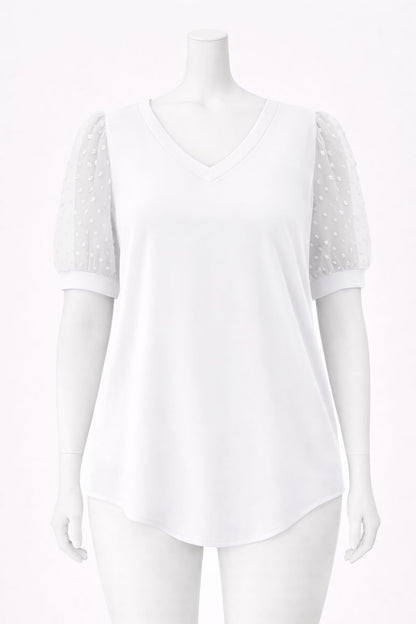 V-Neck Puff Sleeve Mesh Blouse