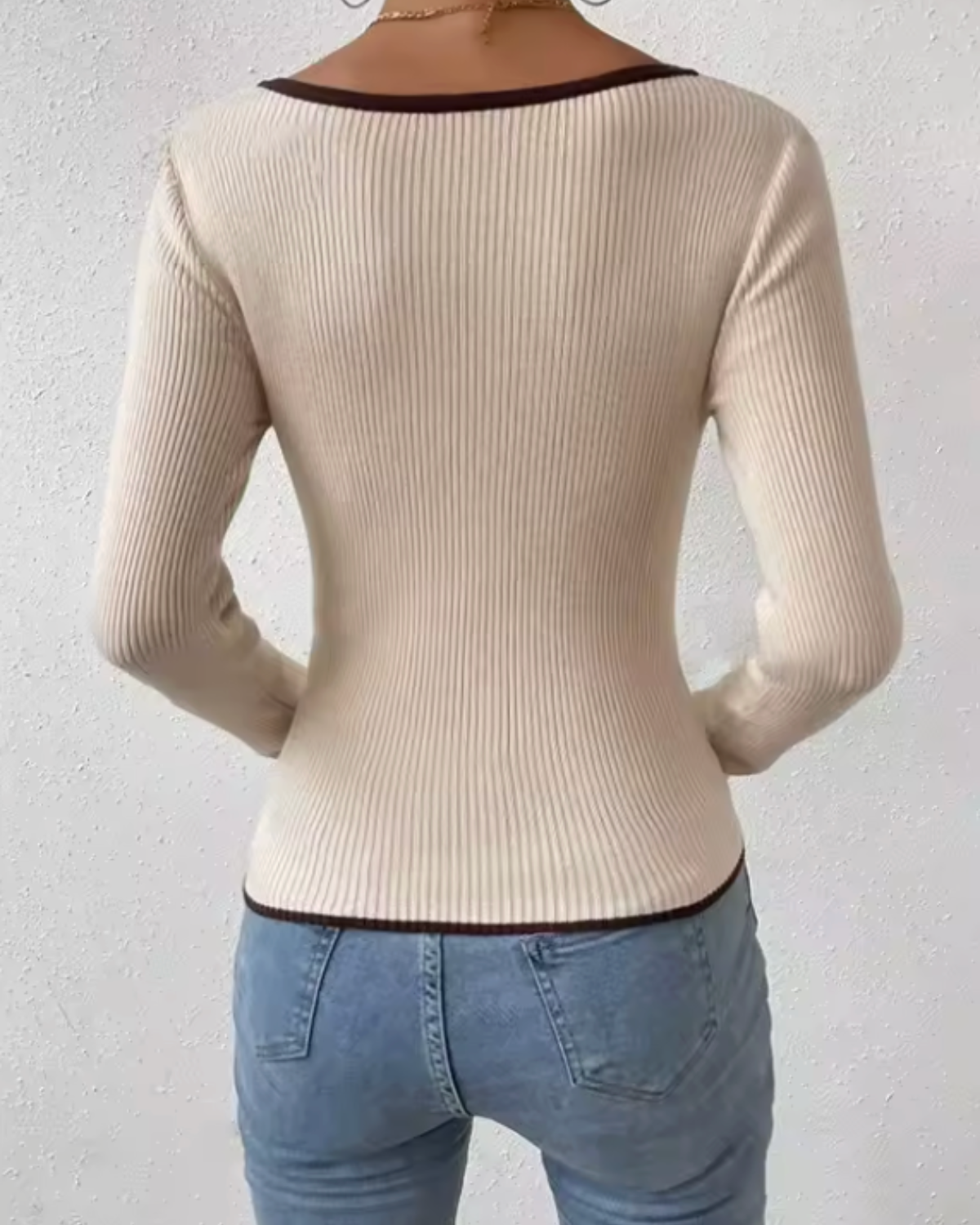Ribbed Contrast Trim Long-Sleeve Top