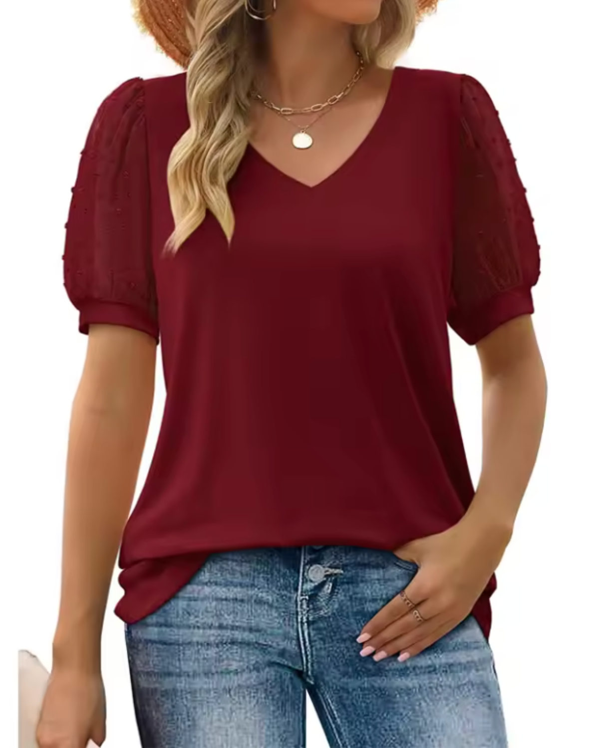 V-Neck Puff Sleeve Mesh Blouse