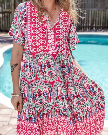 Susan | Boho Print V-Neck Flowy Dress