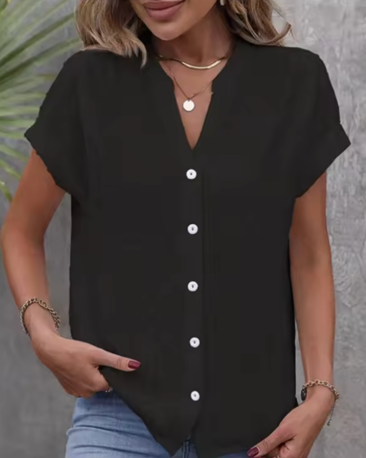 Rosa | Short-Sleeve Textured Button Blouse