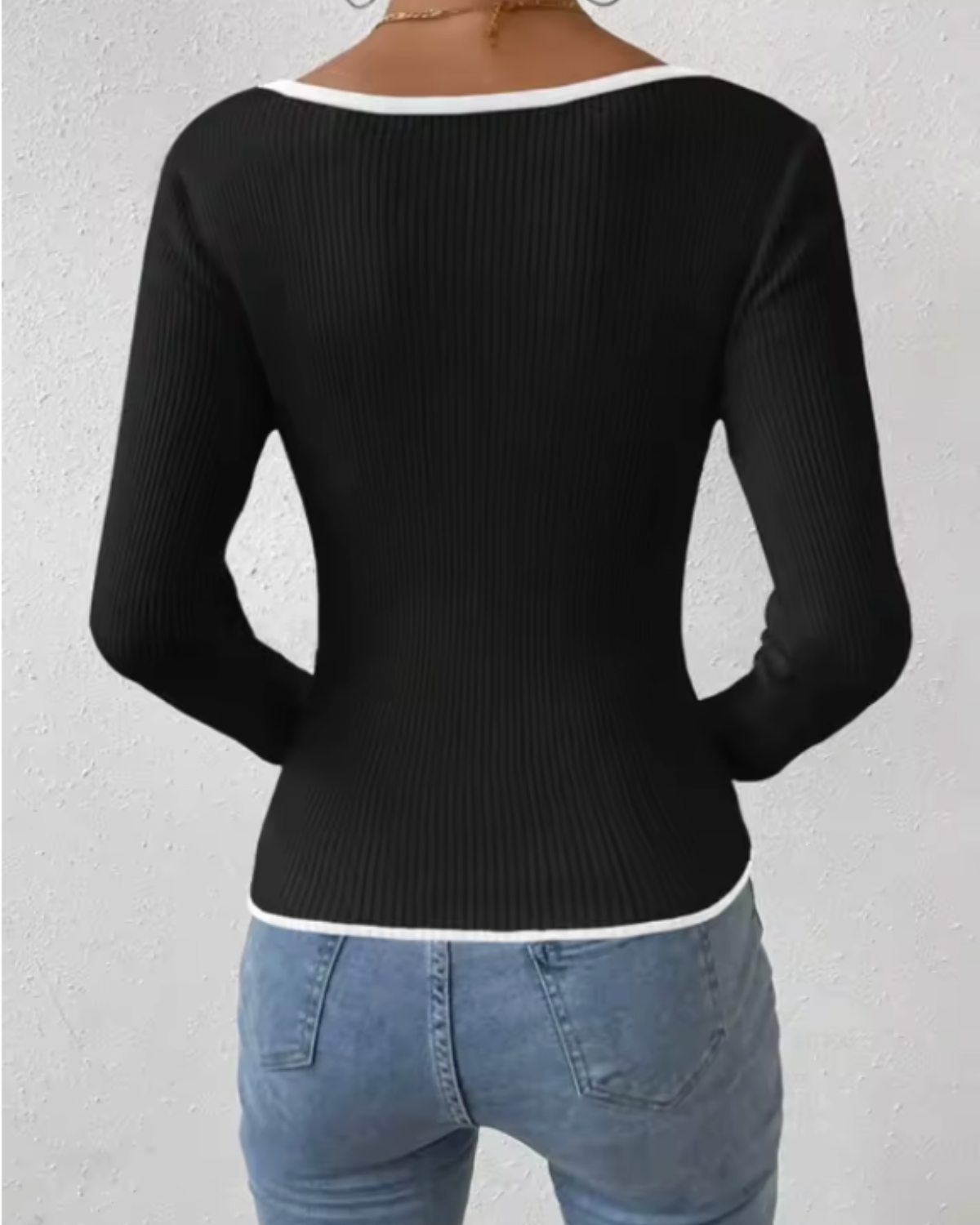 Ribbed Contrast Trim Long-Sleeve Top
