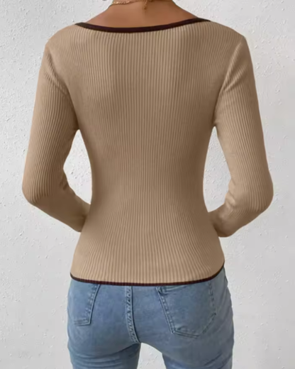 Ribbed Contrast Trim Long-Sleeve Top