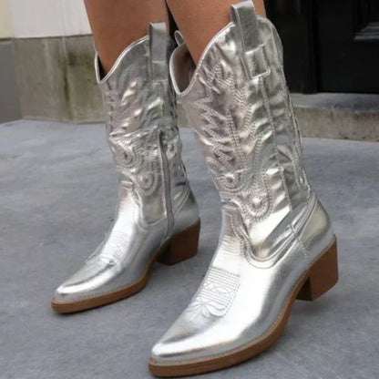 Stylish Metallic Western Ankle Boots